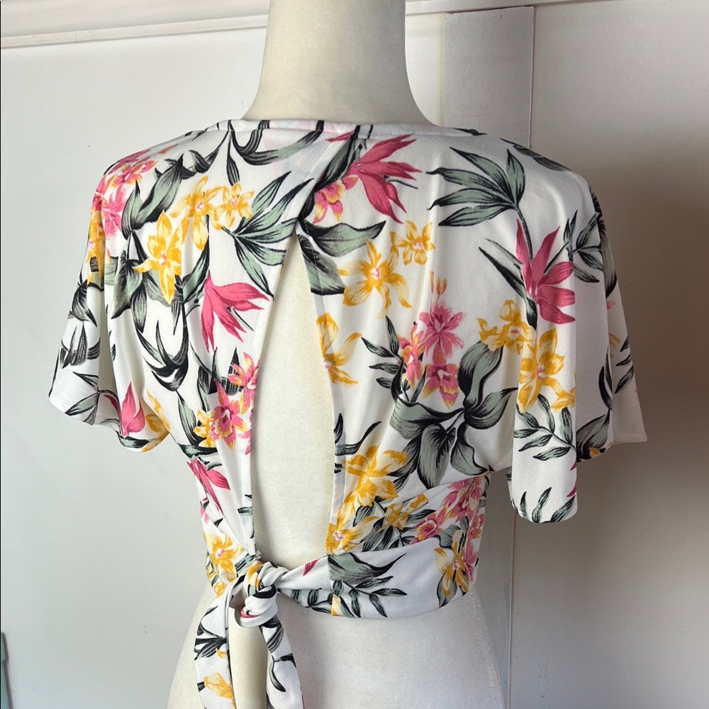 Divided Floral V-Neck Crop Wrap Top - Pink, Yellow, Green - Picture 4 of 5